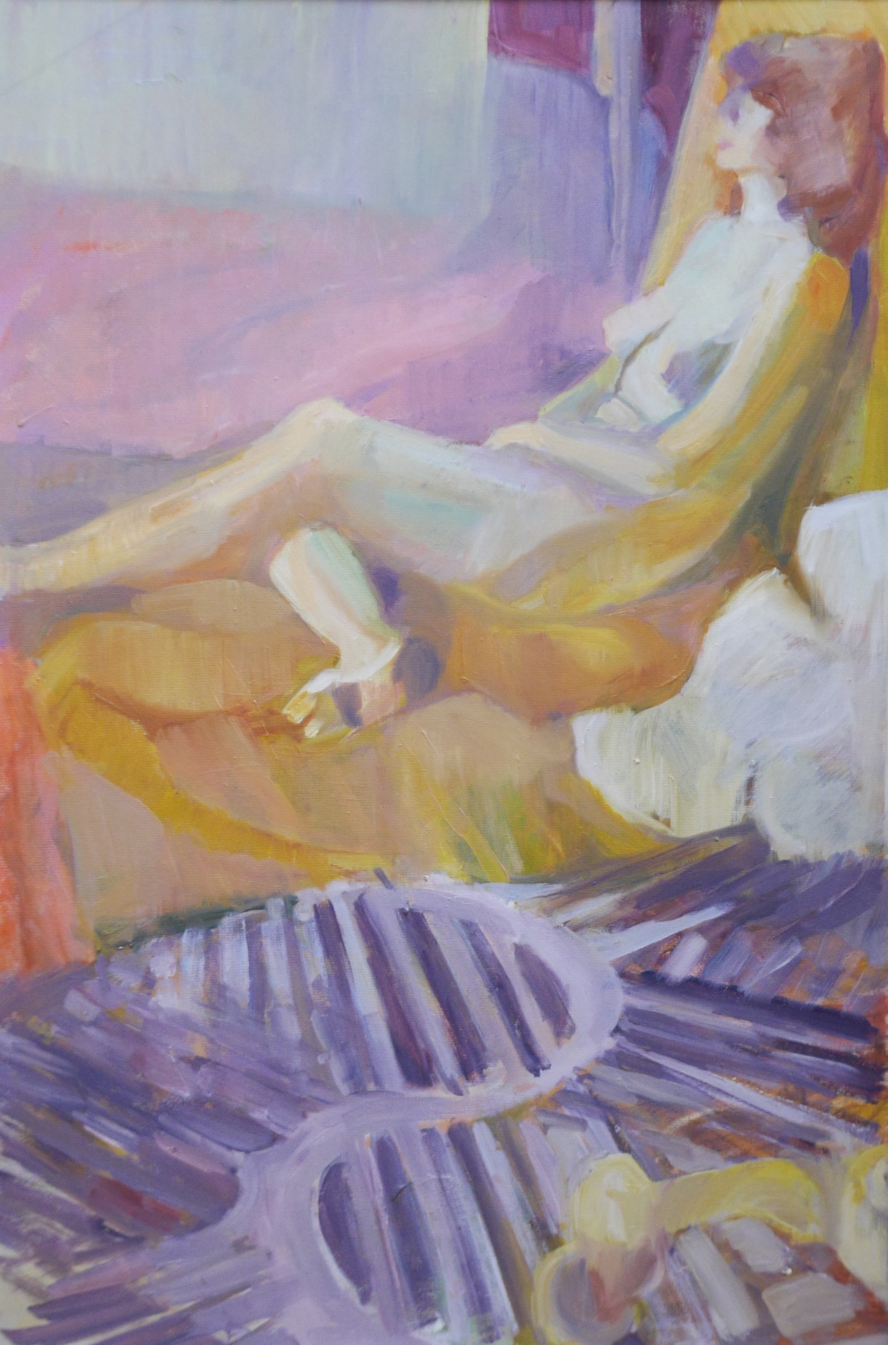 Felicity Moss, oil on canvas board, Reclining nude study, label verso, 75 x 49cm. Condition - good